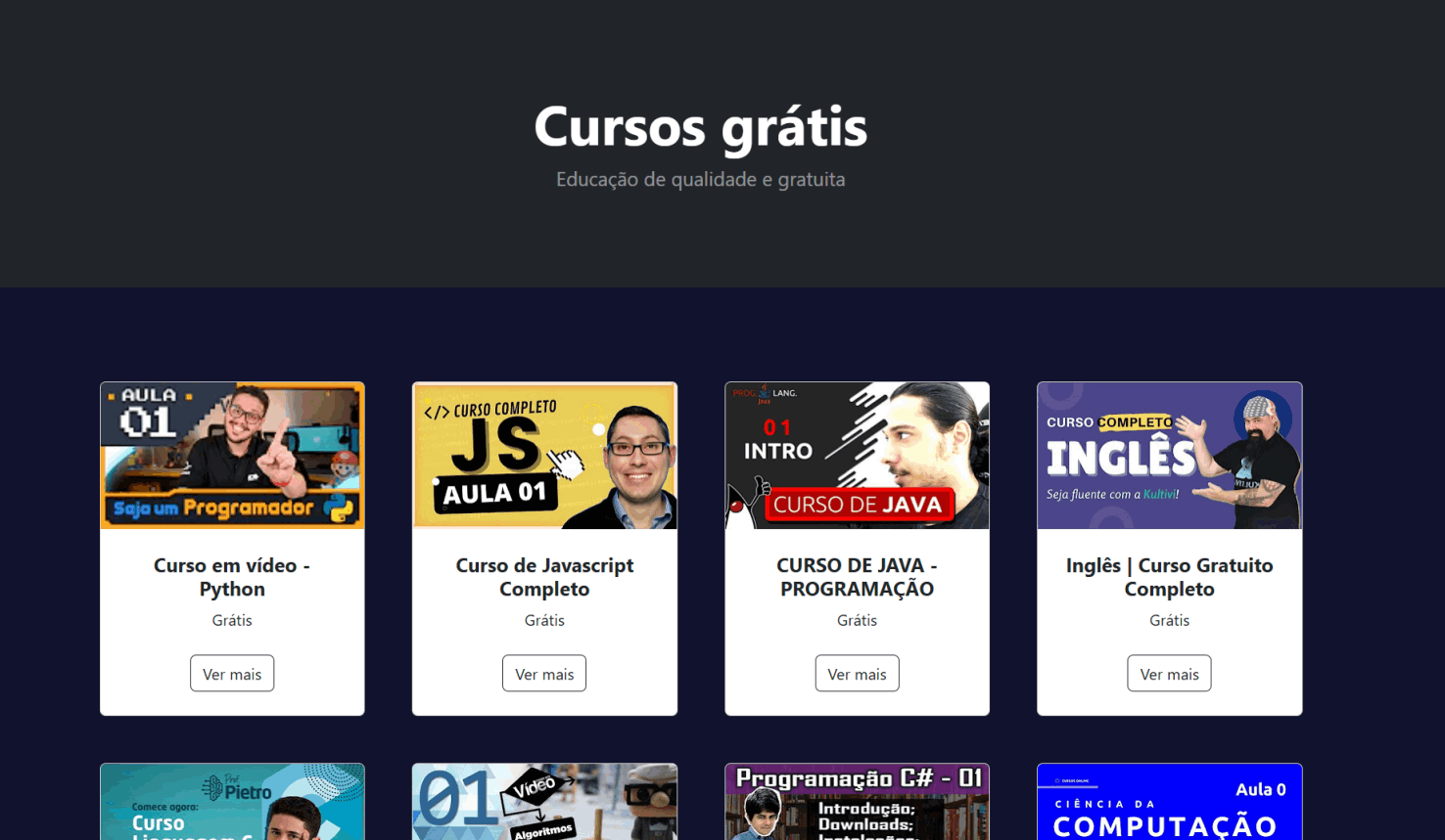 tela de cursos grátis